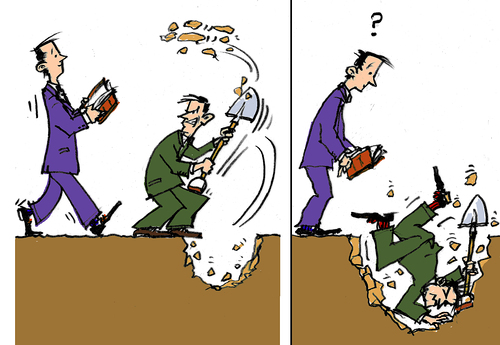 Zeichnung Wer andern eine Grube gräbt, fällt selbst hinein